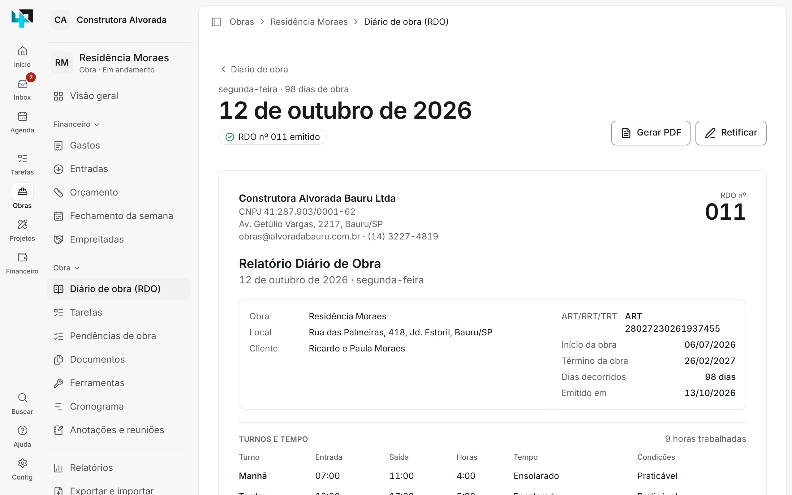 RDO número 11 emitido no CGO, com dados da empresa, da obra, turnos, tempo e mão de obra