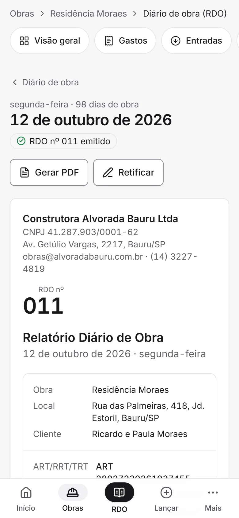 Tela do CGO no celular: Diário de obra número 11 emitido, com a barra de baixo para RDO e Lançar